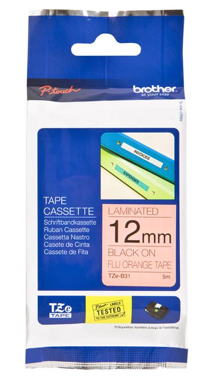 Brother TZEB31 Fluo oranžen/črn 12mm,trak za PT