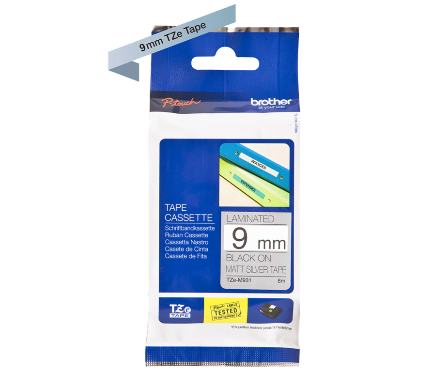 Brother TZEM921 Srebrn/črn 9mm, trak za PT