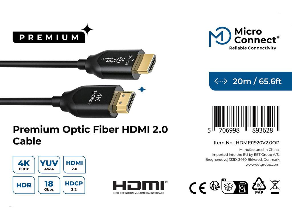 MicroConnect Premium optični kabel HDMI 2.0, 20m