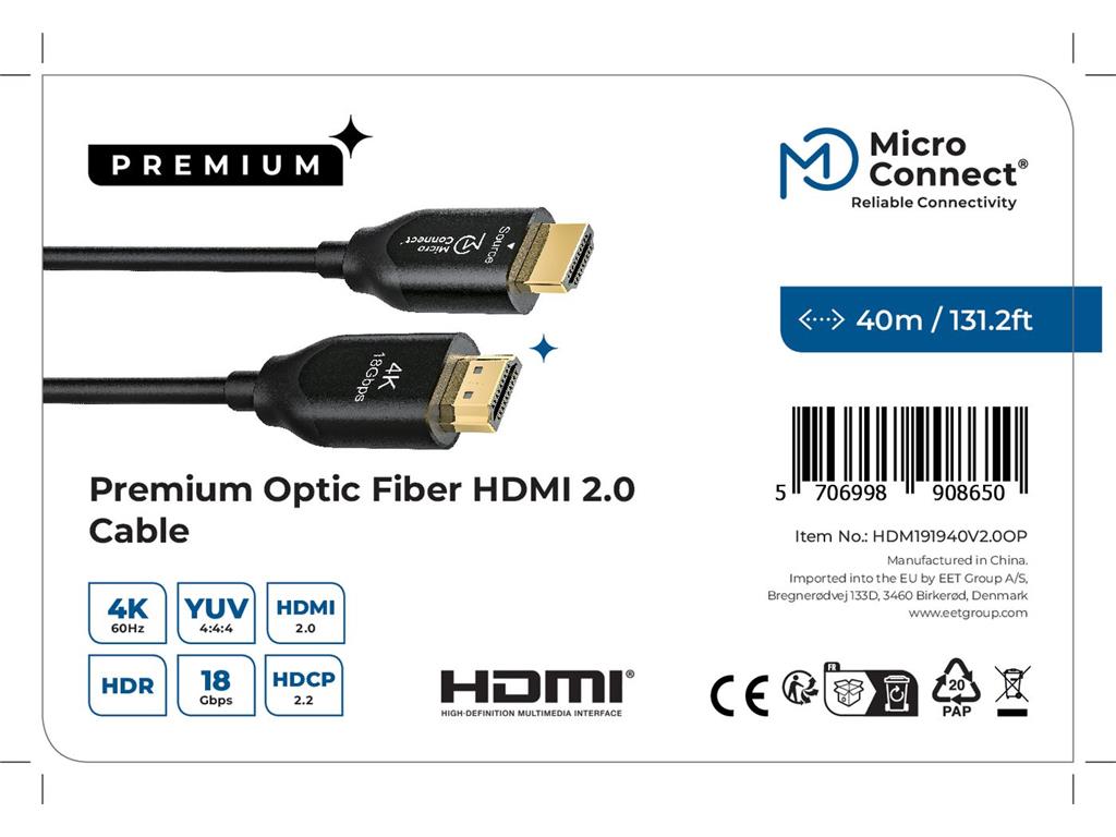MicroConnect Premium optični kabel HDMI 2.0, 40m