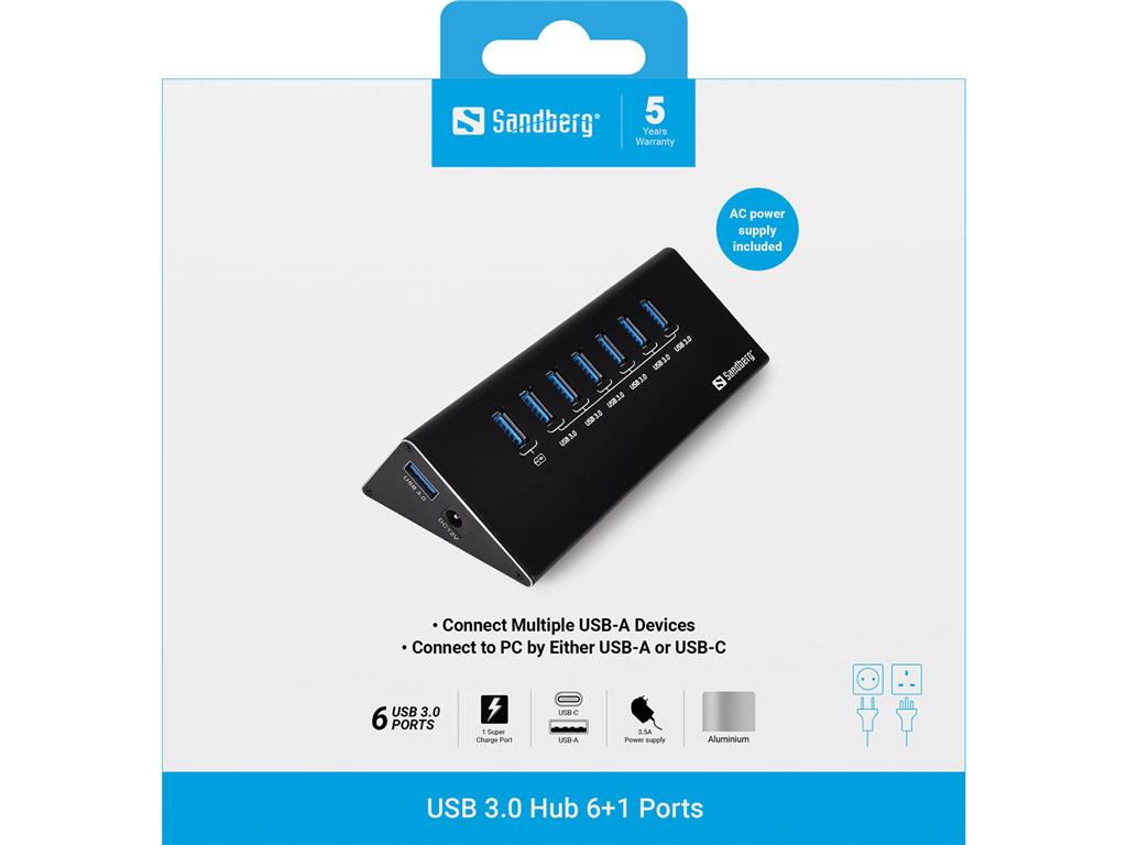 Sandberg USB 3.0 razdelilnik, 6+1 priključkov