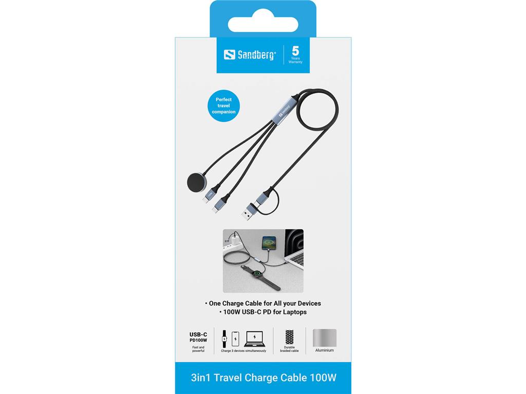 Sandberg 3-v-1 potovalni polnilni kabel 100 W